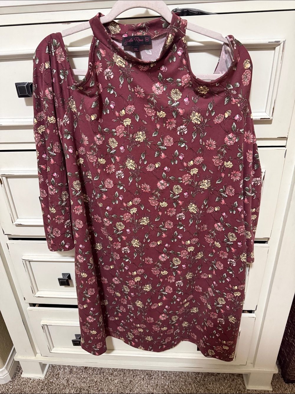 Women's Burgundy Floral Cold-Shoulder Long Sleeve Dress